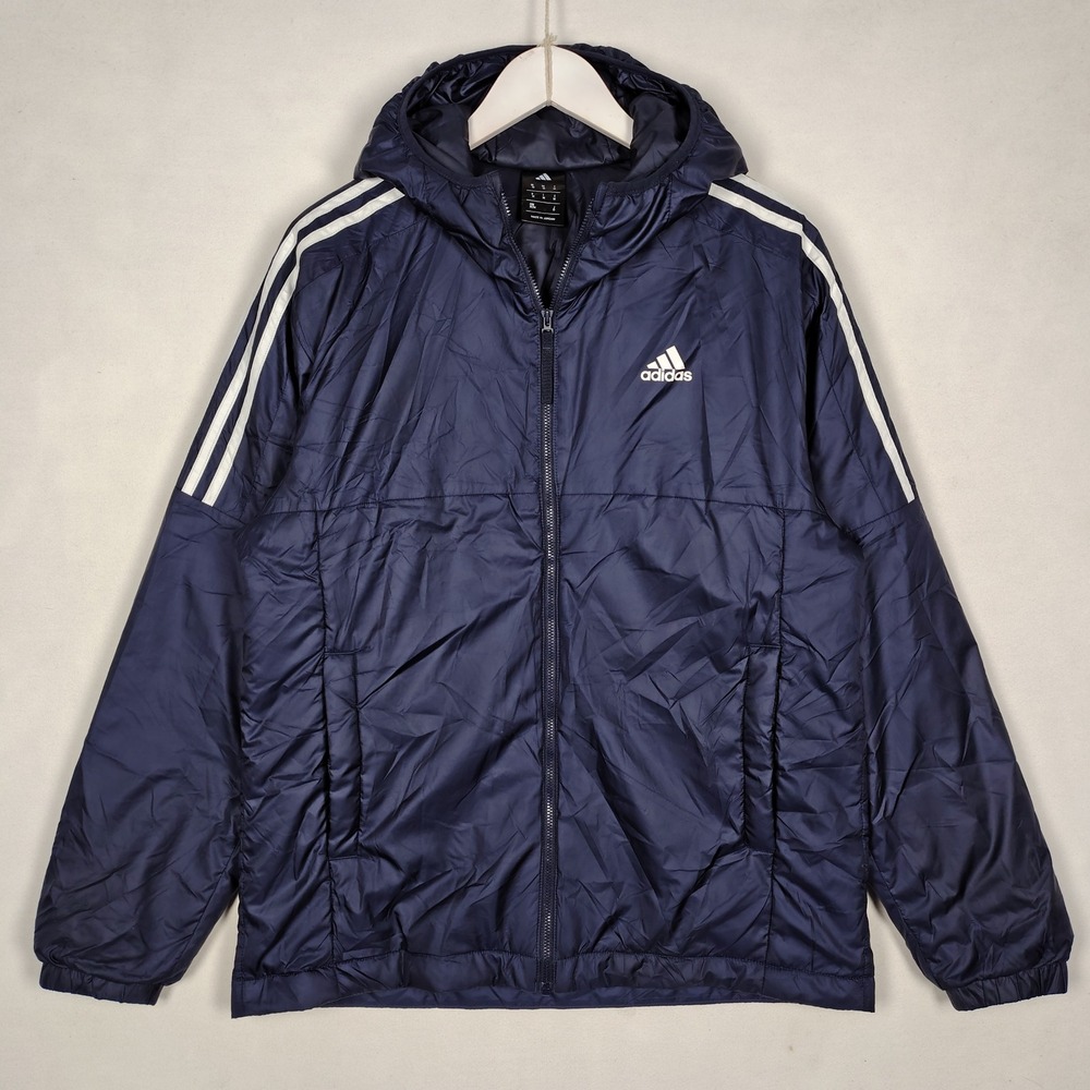 Adidas Mens Navy Blue Hooded Windbreaker Jacket 3-Stripe Full Zip Size Medium